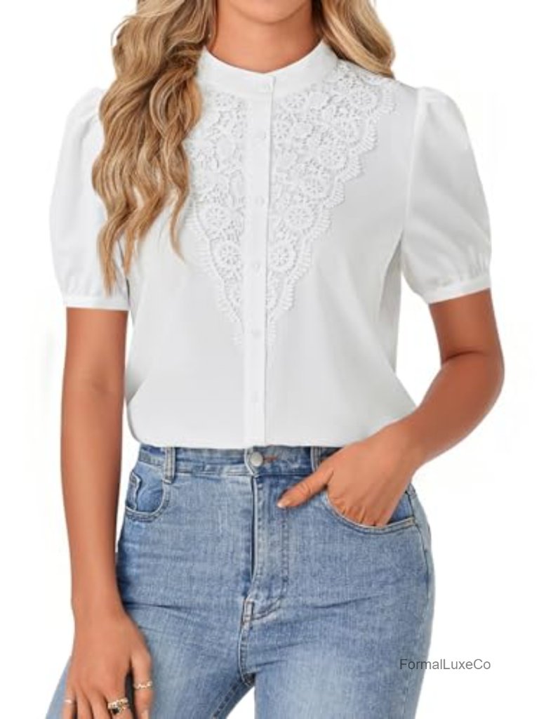 Lace Mock Neck Puff Sleeve Button Down Blouse Top